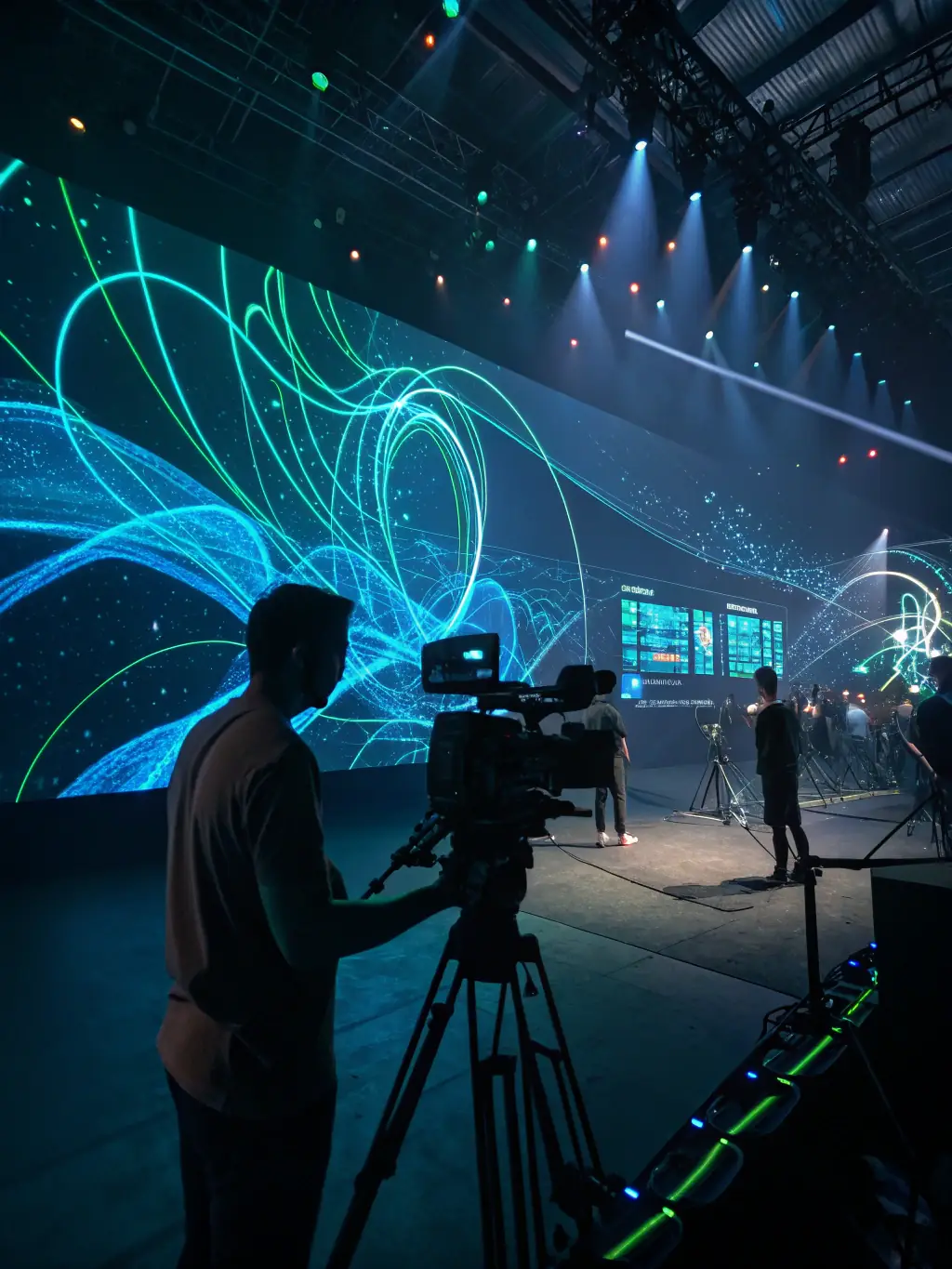 A dynamic scene of AI generating a short film sequence, showcasing the platform's ability to create content from text prompts.